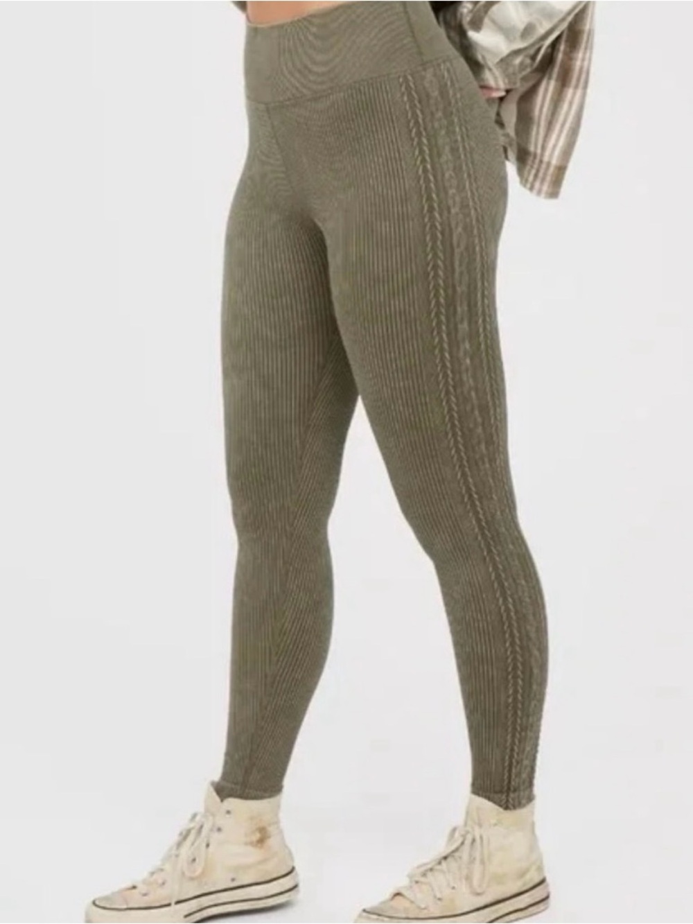 aerie Olive Ribbed Cable-Detail High-Waist Leggings